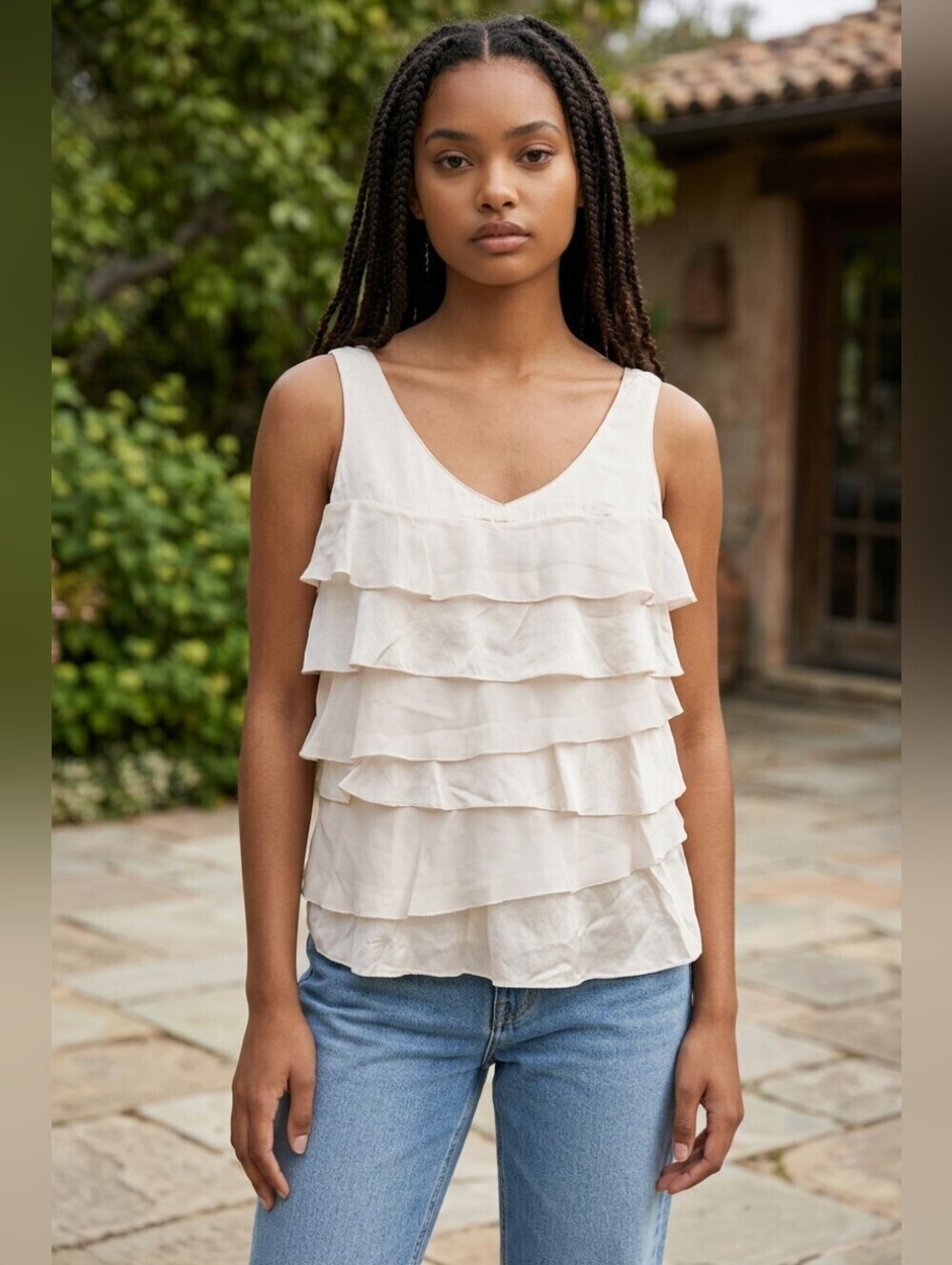 Elegant Cream Sleeveless Ruffle Top